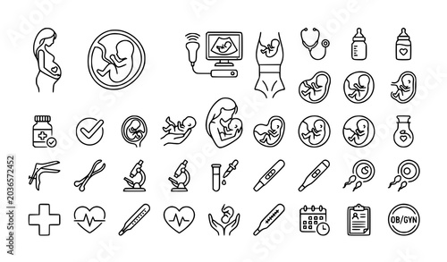 Gynecology and pregnancy outline icon set medical motherhood vector illustration