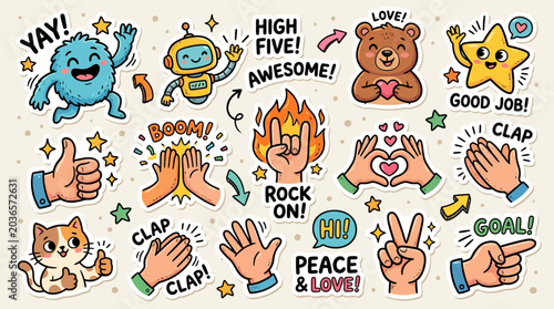 Cute cartoon stickers and icons with positive messages like high five, boom, love, peace, rock on, and goal, featuring animals and characters