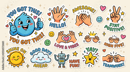 A vibrant collection of cartoon stickers featuring positive affirmations, friendly characters, and motivational messages for encouragement and celebration