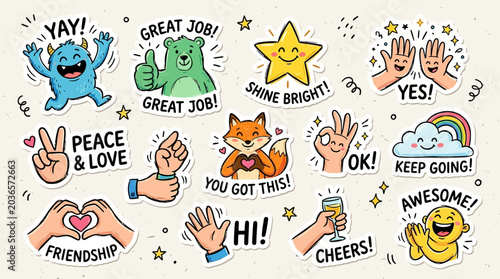 Collection of assorted hand-drawn doodle-style stickers featuring positive affirmations, fun characters, and encouraging messages for a cheerful and motivational vibe