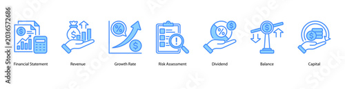 Foto Financial Reports web banner icon vector illustration featuring Financial Statement, Revenue, Growth Rate, Risk Assessment, Dividend, Balance, and Capital