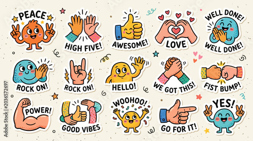 Illustrated vector stickers of various hand gestures and positive expressions, promoting fun and encouragement