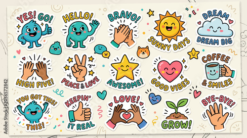 Cute and colorful sticker pack with positive affirmations and fun doodles perfect for social media and journaling