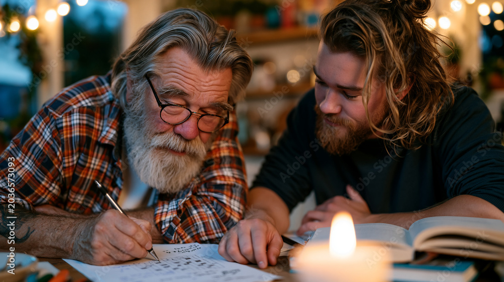 Fototapeta premium Retired professor and adult grandchild solving crossword puzzle together by candlelit kitchen table, problem solution dynamic, warm indoor atmosphere, multigenerational family unit sharing quiet eve