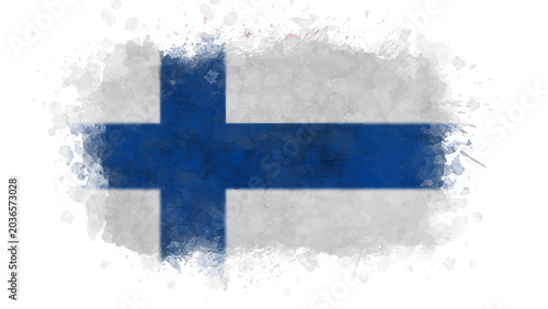 Fotografie The Finnish flag is rendered in an artistic watercolor style, showcasing its blue cross on a white background with a textured, splashed border