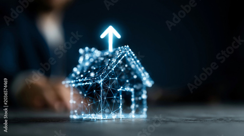 Futuristic neon blue holographic wireframe house with small upward arrow emerging from rooftop, real estate investment concept, low poly polygon mesh transparent geometric lines, s