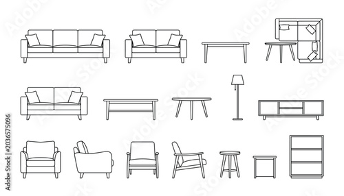 Set of modern furniture outlines including sofas chairs tables and shelves on transparent background.