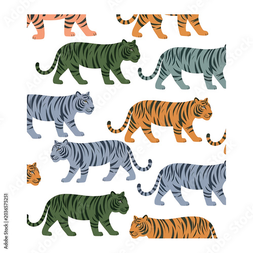 Photos Colorful tigers in various poses walking.