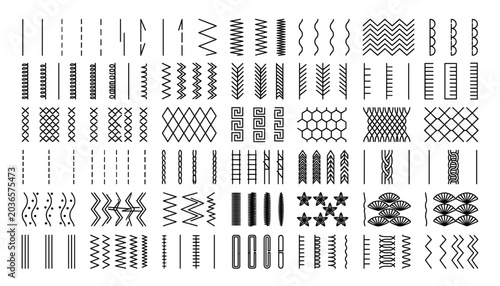 Collection of sewing machine stitches and decorative borders on transparent background, vector.