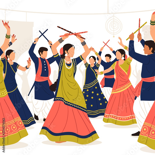 Tableau sur toile Group of people dancing with sticks.
