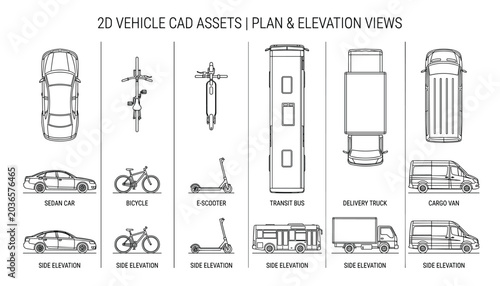 2d vehicle cad assets plan and elevation views sedan car bicycle e scooter transit bus.