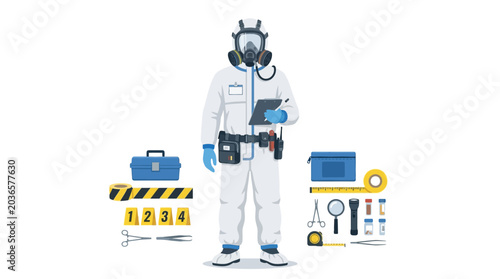 Man in white hazmat protective suit.