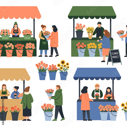 Obraz na plátne People buying flowers at market stalls.