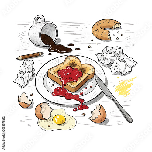 Billede på lærred Messy breakfast table with toast and eggs.