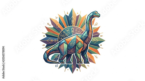 Foto Colorful Brontosaurus Dinosaur with Abstract Sunburst Background.