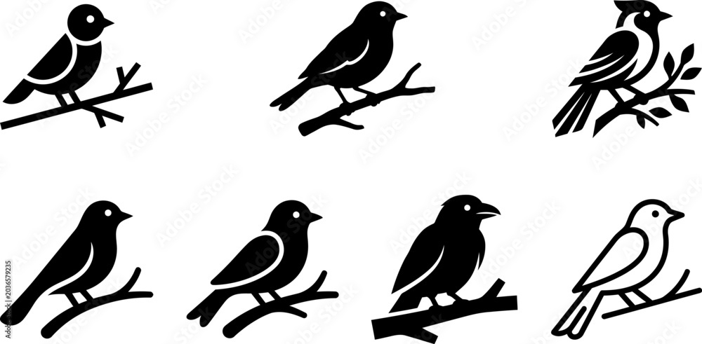 Fototapeta premium Minimalist black bird silhouettes on wooden branches vector collection for elegant nature design and wildlife icons isolated on gray transparent background pattern art.