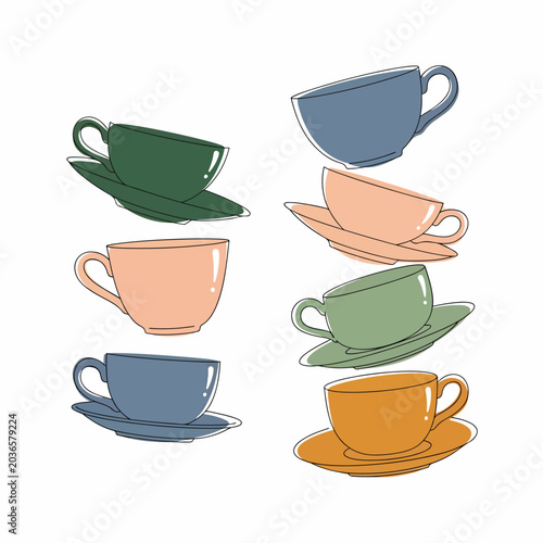 Foto Colorful Teacups and Saucers Stacked Together.