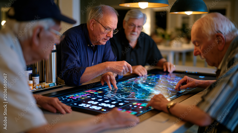 Fototapeta premium Continuing care retirement community resident council meeting in formal conference room, seven seniors reviewing building policy documents spread on oval table, elected resident representative addre
