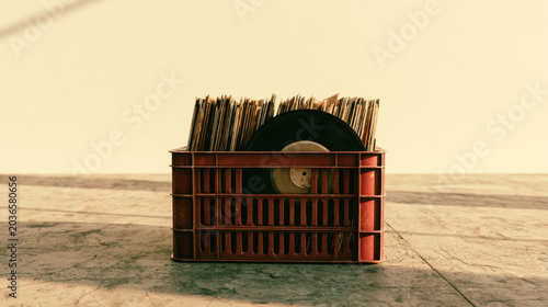 Vinyl record crate vintage crate plastic crate record collection record sleeve black record music media retro storage concrete floor soft light long shadow empty wall minimalist scene gritty