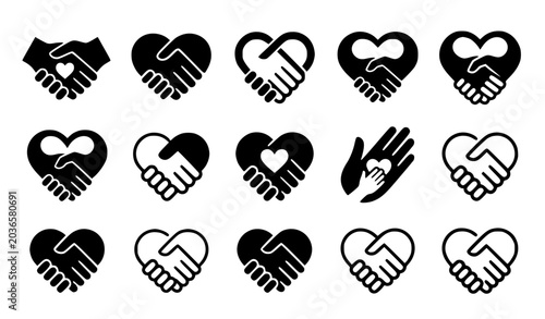 vCharity heart handshake icon set with nonprofit organization symbols family care donation trust deal agreements and humanitarian community alliance graphics