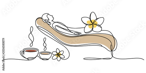Obraz na płótnie continuous one line drawing Relaxing spa scene with person on chaise lounge, cof