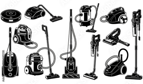 Cuadro en lienzo Black Silhouette Vacuum Cleaner Vector Collection for Household Cleaning Designs