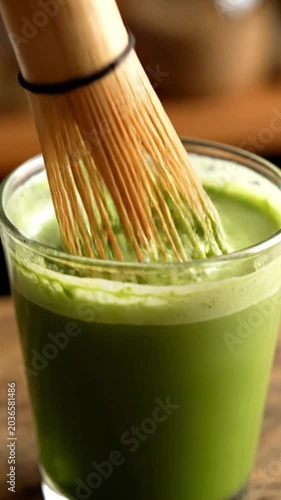 Matcha green tea being whisked slowly.