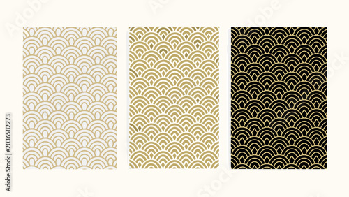 Art deco wave pattern swatches in cream gold and black color schemes displayed as repeating designs geometric design scallop motif fan