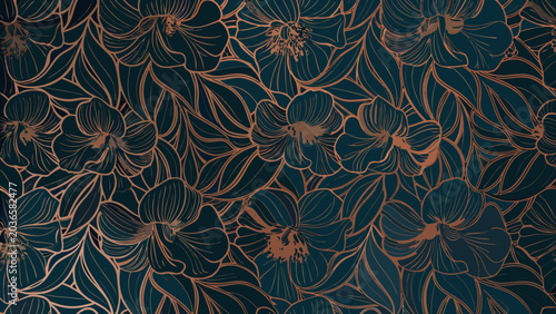 Floral ornament featuring a dense arrangement of large flowers in a dark teal and bronze color scheme flower pattern botanical bloom
