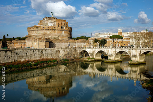 Castel Sant Angelo and bridge reflected in Tiber River