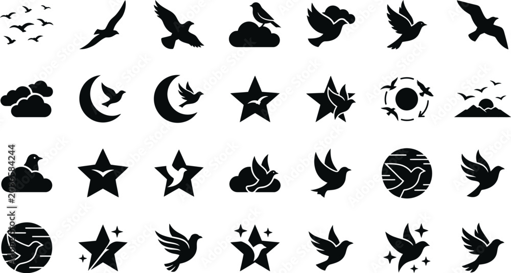 Fototapeta premium Set of bird silhouette icons including flying eagles doves and stars with moon and clouds perfect for minimalist wildlife logo designs or nature themed graphic elements.
