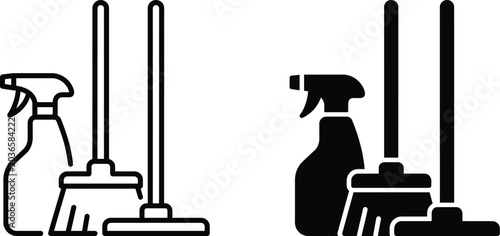 Tableau sur toile Cleaning tools with spray bottle and broom for janitorial services