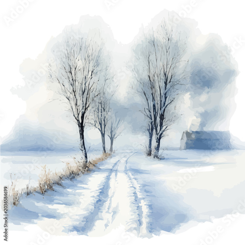 Konstfotografi Chilly Morning Mist, charming vector painting in watercolor with whimsical textures, isolated on a white background