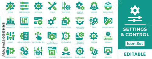 Εκτύπωση καμβά Settings and Control Icon Set - UI dashboard configuration, system preferences,