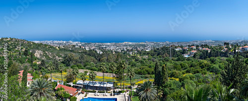 Panoramic view from the village of Bellapais towards the village of Kyrenia on the northern coast of Cyprus