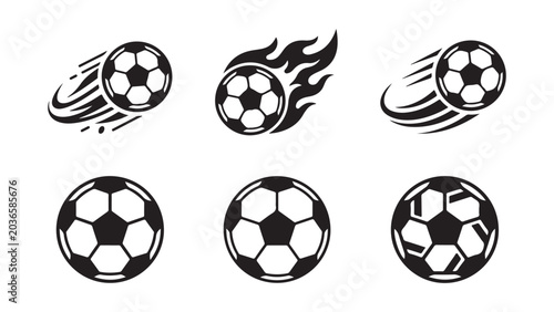 Vector soccer ball icons with motion trails and flame effects for sports graphics