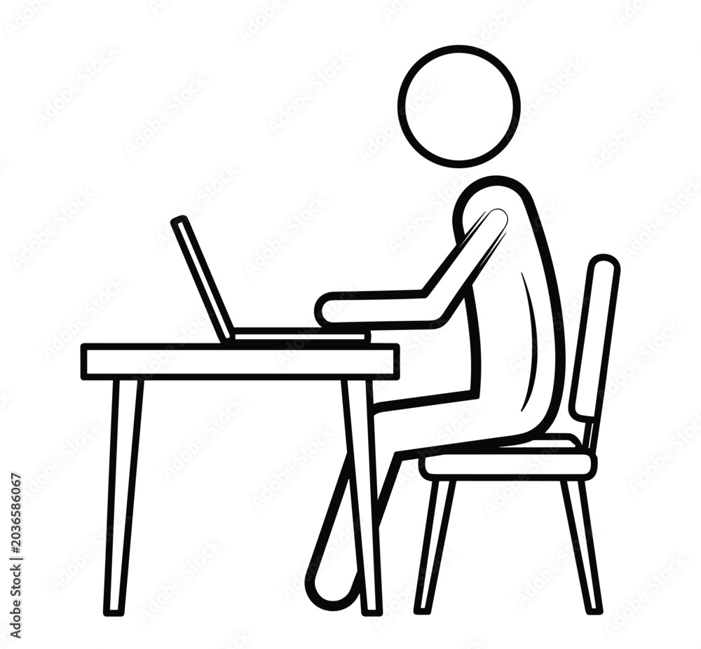 Fototapeta premium Stick man figure sitting at desk working on laptop computer outline vector icon character.