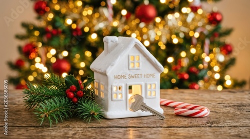 White ceramic house with key and candy cane for home for holidays and Christmas gift.