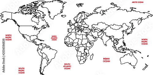 Outline world map with country borders and ocean names a minimalist vector