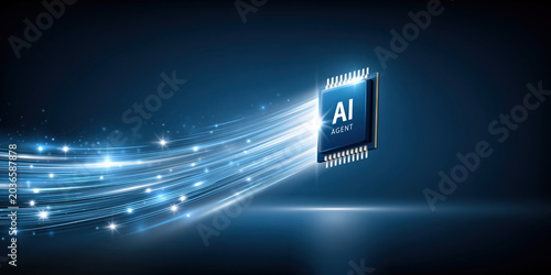 AI agent chip glowing with finance data stream and futuristic light trail conveying intelligent processing and digital speed