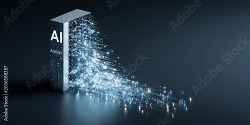 Ai agent finance concept with glowing data stream flowing from futuristic server box into dark space expressing digital growth