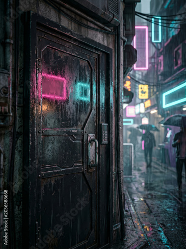Cyberpunk city view through a glass door with neon reflections