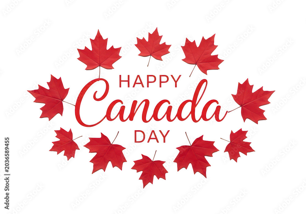 Fototapeta premium Red maple leaf wreath framing the text of happy canada day celebration PNG isolated on transparent background