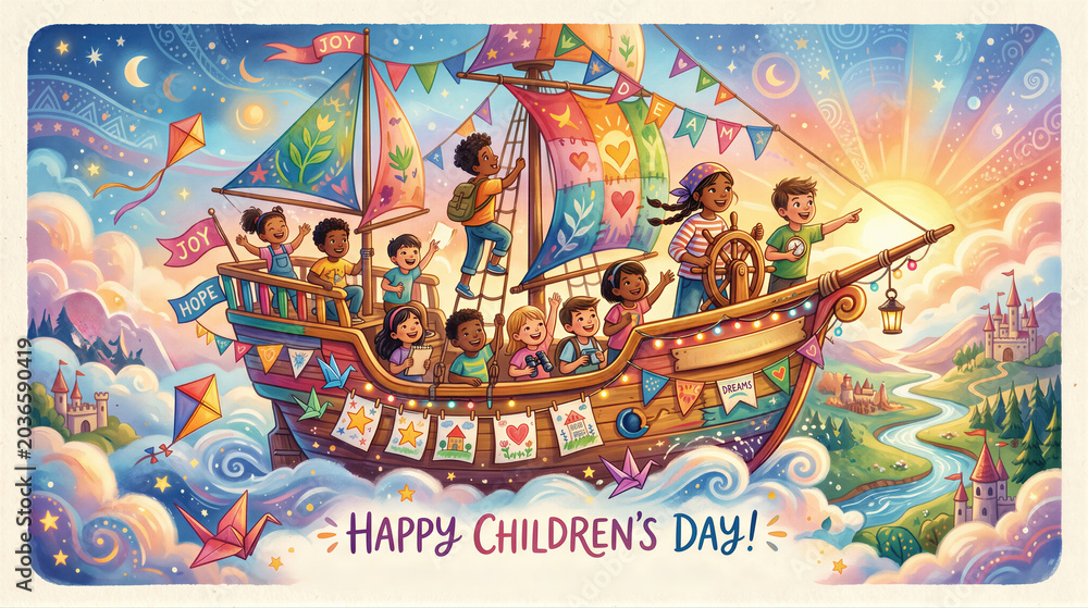 Naklejka premium Happy Childrens Day illustration with a diverse group of kids sailing on a magical flying ship. Cartoon children exploring a colorful dream world with castles, sun, and stars.