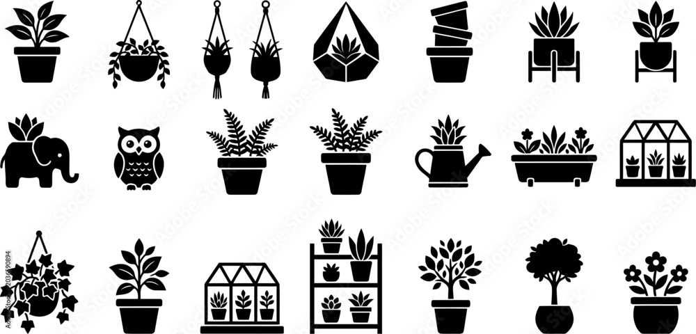 Fototapeta premium Extensive nursery plant silhouette set featuring watering cans greenhouses hanging pots and tiered stands for botanical design elements and garden center signage.