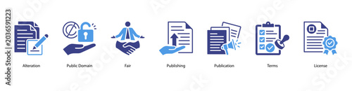 Photography Publishing Rights web banner icon vector illustration featuring Alteration, Public Domain, Fair, Publishing, Publication, Terms, and License