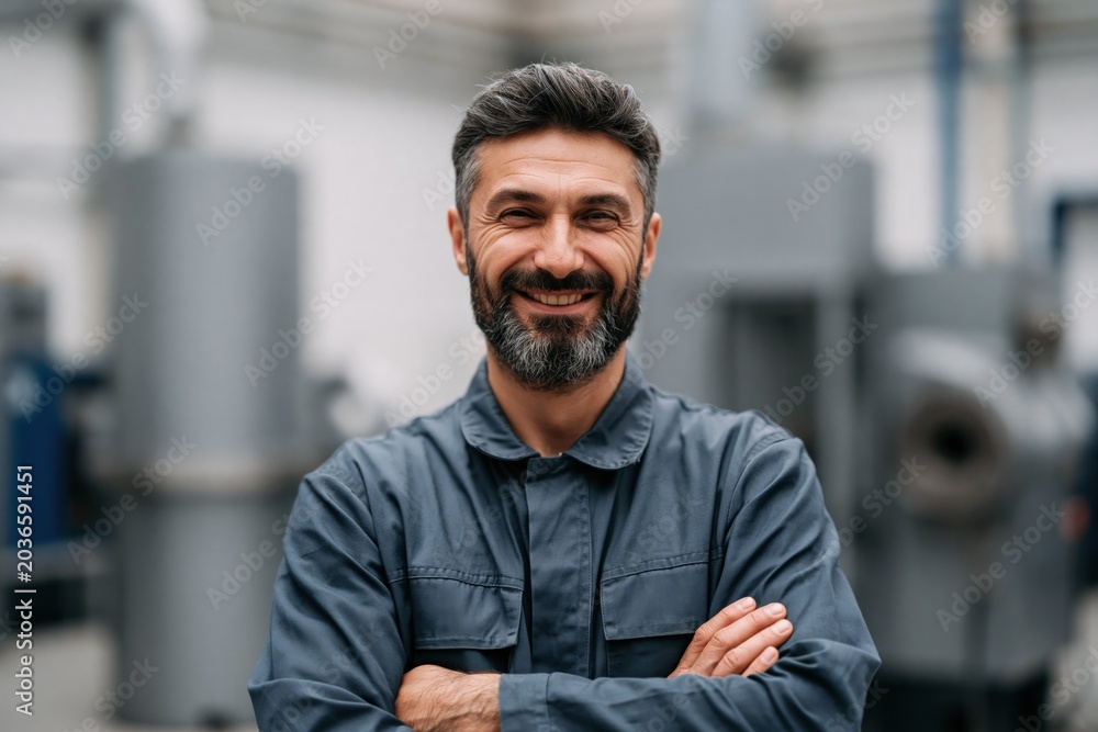 Obraz premium Bearded industrial engineer in work uniform smiling with folded arms for factory portrait and staff profile in manufacturing setting