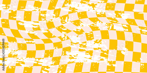 Retro background with abstract psychedelic checkerboard. Groovy yellow checkered pattern. Trendy plaid vector texture in abstract y2k style. Vector graphic for posters and art prints