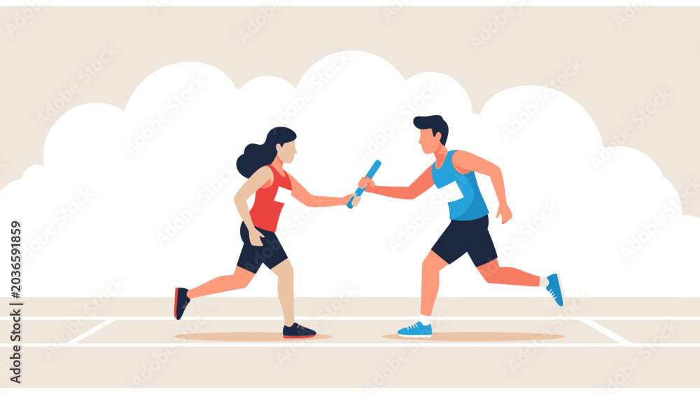 Obraz premium teamwork in sports, athletes passing baton in relay race