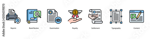 Fotografie Book Production web banner icon vector illustration featuring Reprint, Book Review, Examination, Royalty, Settlement, Typography, and Content